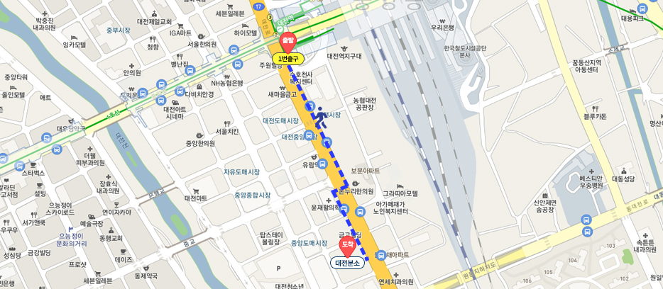 약도 : 대전 1호선 대전역 하차 해서 1번 출구로 나와 금산방향 400m 지점(상세 내용 아래 참고)